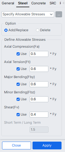 MODS-design-steel design-KSCE ASD96-Specify allowable stresses.png