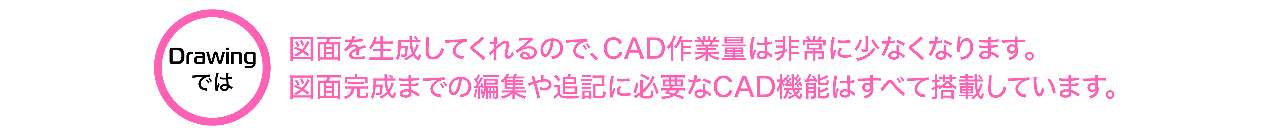 図面を生成してくれるので、CAD作業量は非常に少なくなります。図面完成までの編集や追記に必要なCAD機能はすべて搭載しています。
