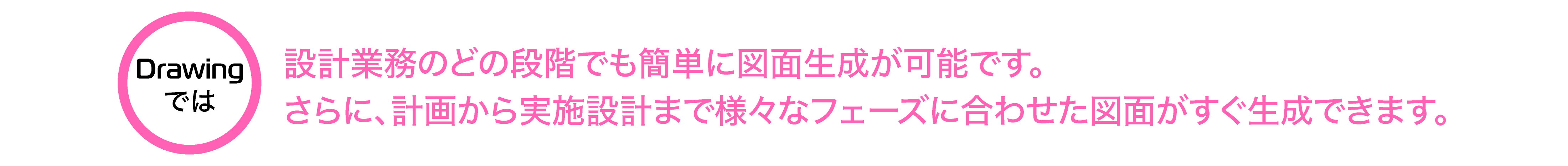 設計業務のどの段階でも簡単に図面生成が可能です。さらに、計画から実施設計まで様々なフェーズに合わせた図面がすぐに生成できます。
