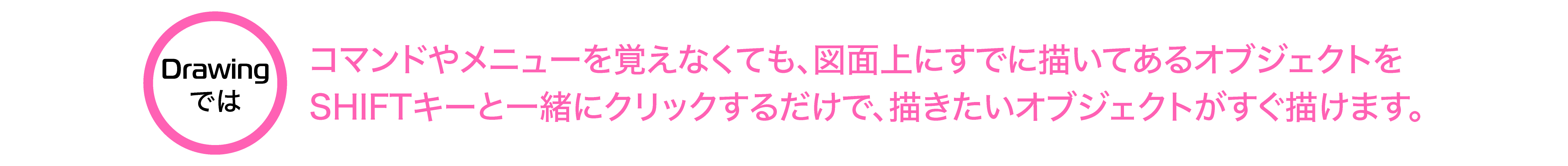コマンドやメニューを覚えなくても、図面上にすでに描いてあるオブジェクトをSHIFTキーと一緒にクリックするだけで、描きたいオブジェクトがすぐ掛けます。